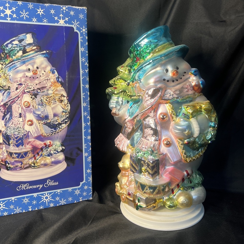 Cracker Barrel Mercury Glass Snowman 18"x12" Handblown Glass Hand Painted In BOX